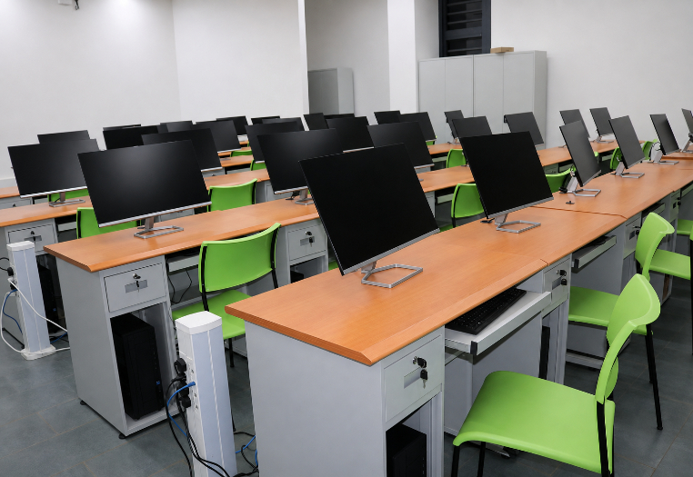 Rows of computer workstations in the e-health computer laboratory
