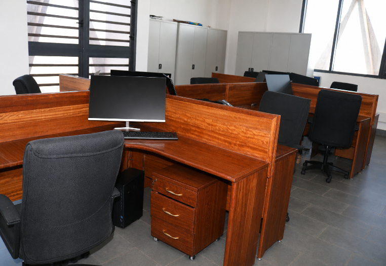 Individual research desks with computers and partitions